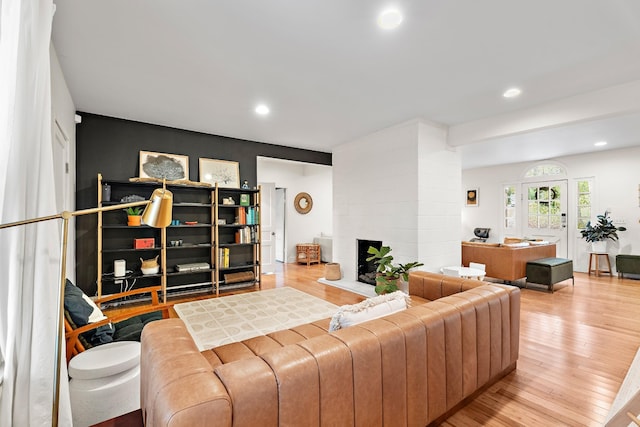 living room featuring a fireplace and light hardwood / wood-style flooring