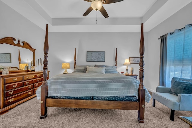 bedroom with ceiling fan and carpet flooring