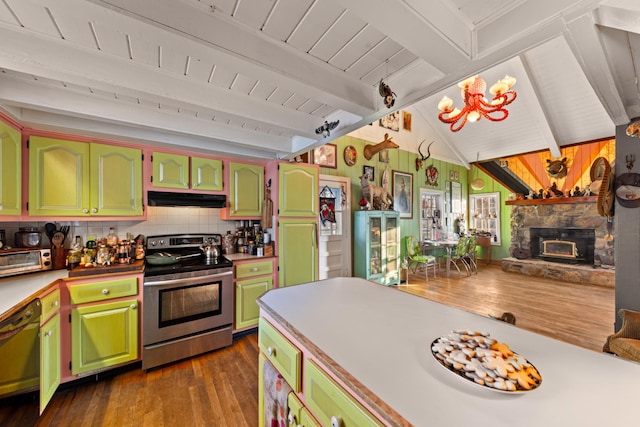 kitchen featuring dishwasher, tasteful backsplash, dark hardwood / wood-style floors, electric stove, and a stone fireplace