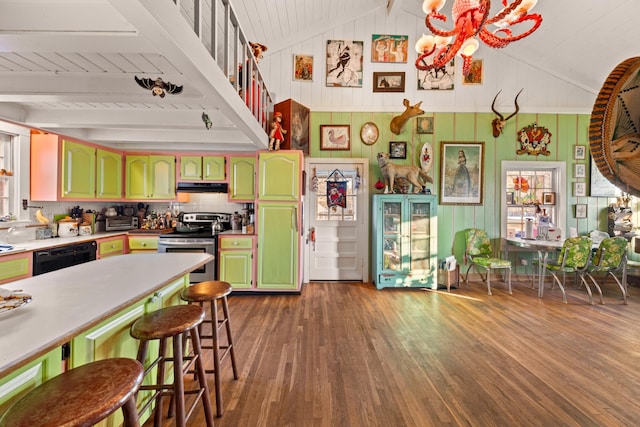 kitchen with stainless steel range with electric stovetop, dark wood-type flooring, lofted ceiling with beams, wood ceiling, and black dishwasher