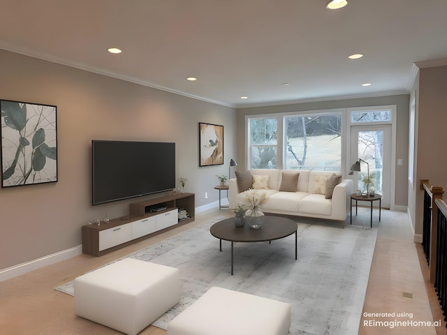 living room with crown molding