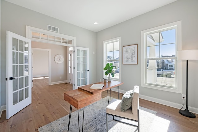 office space featuring french doors, a wealth of natural light, and light hardwood / wood-style flooring