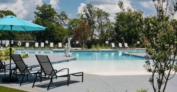 view of swimming pool featuring a patio area