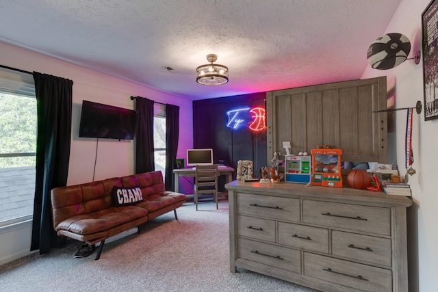 interior space with a textured ceiling and light colored carpet