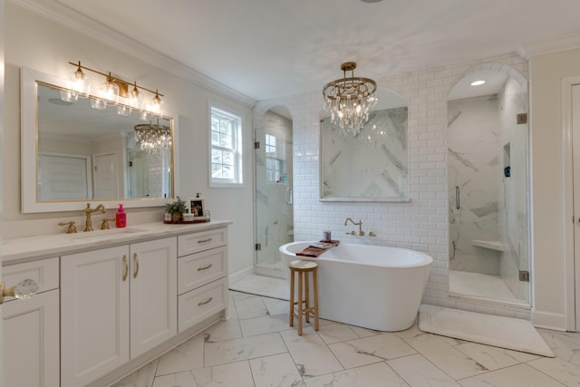 bathroom with plus walk in shower, crown molding, and vanity