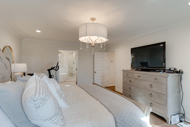 bedroom with ensuite bath and ornamental molding