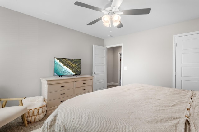 bedroom with ceiling fan and carpet