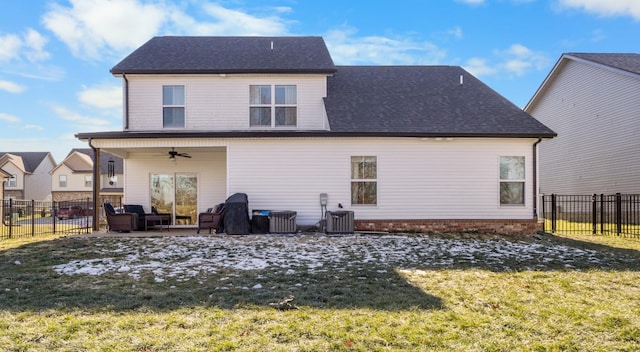 back of property featuring cooling unit, a patio, ceiling fan, and a lawn