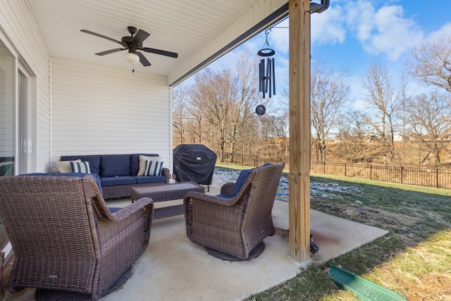 view of patio / terrace with ceiling fan, an outdoor hangout area, and a grill