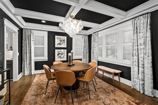 dining area with a notable chandelier, coffered ceiling, crown molding, and beamed ceiling