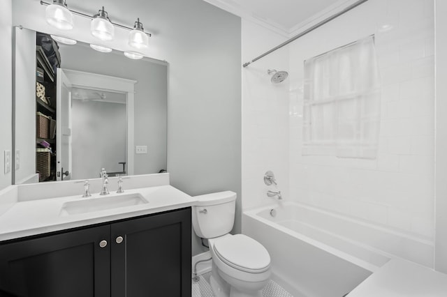 full bathroom with toilet, vanity, ornamental molding, and tub / shower combination