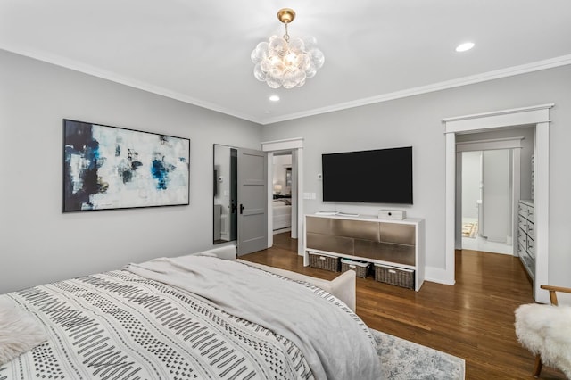 bedroom featuring ornamental molding, a notable chandelier, and dark hardwood / wood-style floors