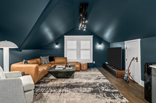 interior space with vaulted ceiling and dark wood-type flooring