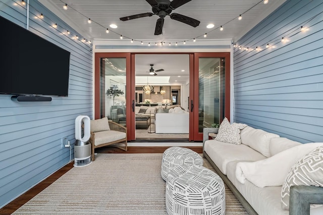 view of patio with ceiling fan and outdoor lounge area