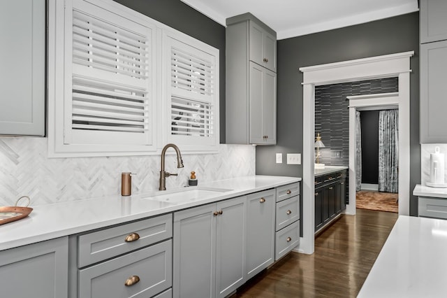 kitchen with sink, dark hardwood / wood-style flooring, backsplash, and gray cabinetry