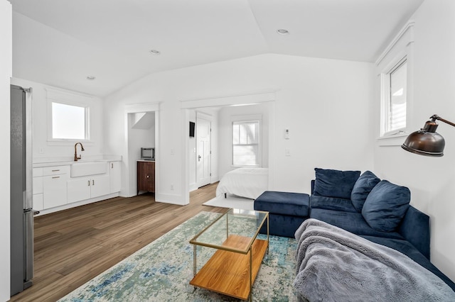 living room featuring lofted ceiling, wood-type flooring, and sink