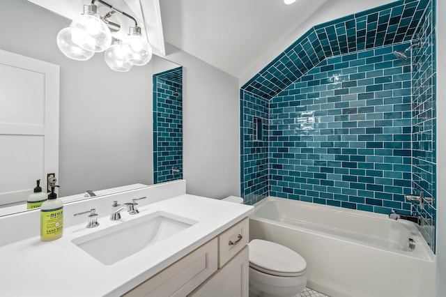 full bathroom with vanity,  shower combination, lofted ceiling, and toilet