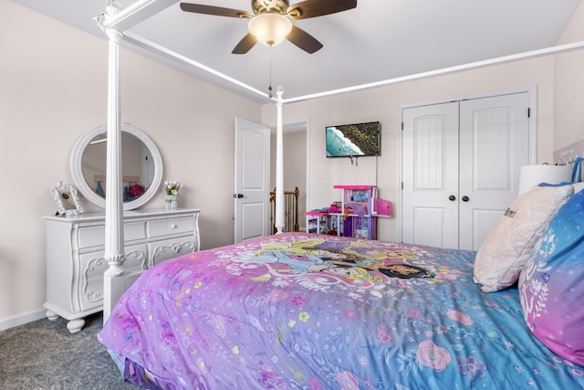 carpeted bedroom with a closet and ceiling fan