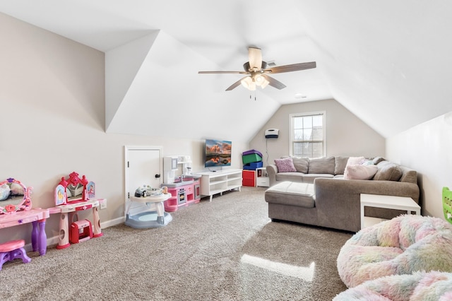 recreation room with lofted ceiling, ceiling fan, and carpet