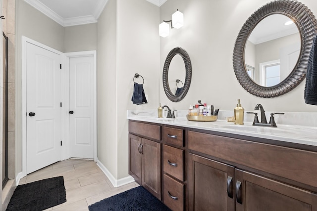 bathroom with vanity, crown molding, and tile patterned floors