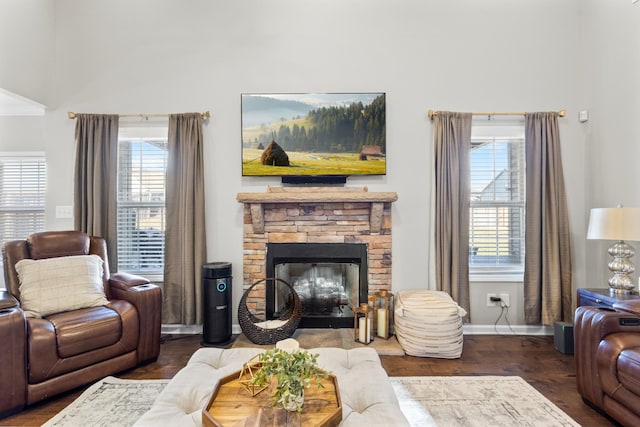 living room featuring dark wood-type flooring and a stone fireplace