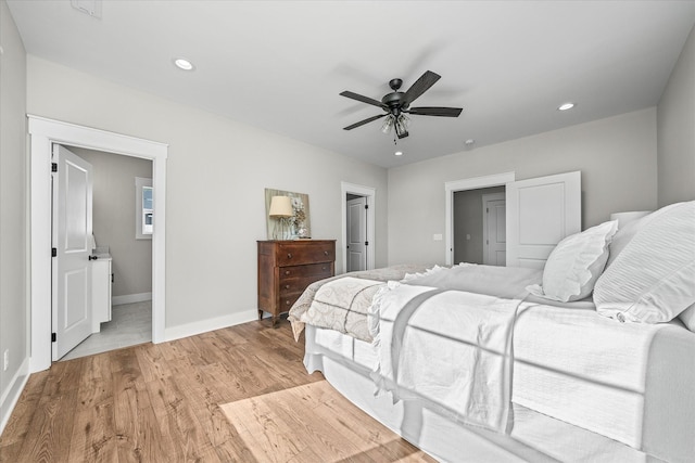 bedroom featuring recessed lighting, light wood-style floors, baseboards, and ceiling fan