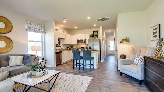 living room with a healthy amount of sunlight, sink, and wood-type flooring