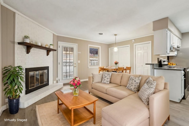 living room with light hardwood / wood-style floors, crown molding, and a fireplace