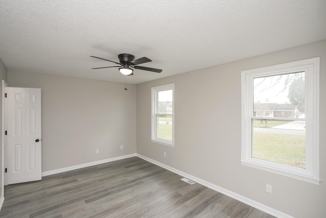 empty room with wood-type flooring, ceiling fan, and a wealth of natural light