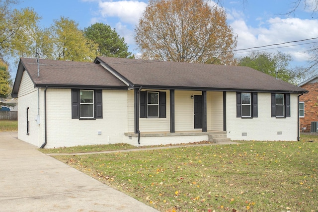 ranch-style home with central air condition unit, a front lawn, and a porch