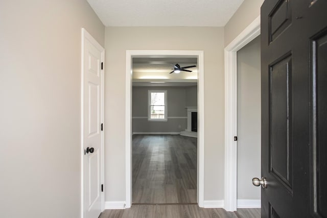 hallway featuring a textured ceiling and wood-type flooring