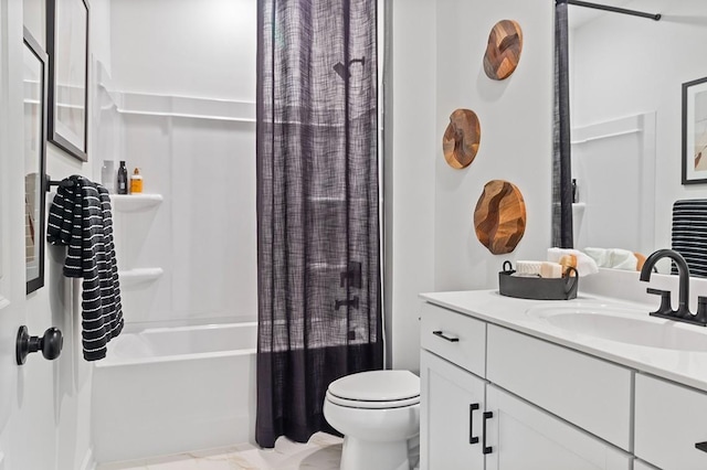 full bathroom with toilet, shower / tub combo with curtain, and vanity