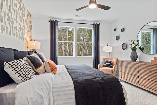 bedroom featuring carpet flooring and ceiling fan