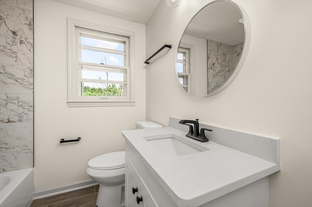 full bathroom with shower / tub combination, toilet, vanity, and wood-type flooring