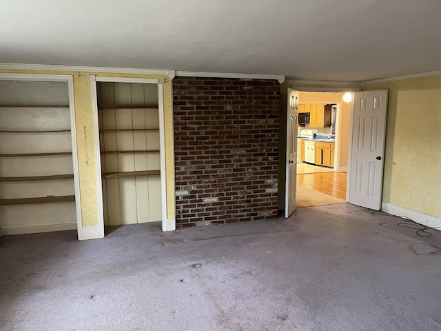 interior space with crown molding, carpet floors, and two closets