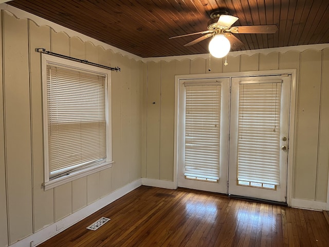 empty room featuring wood ceiling, ceiling fan, and dark hardwood / wood-style floors