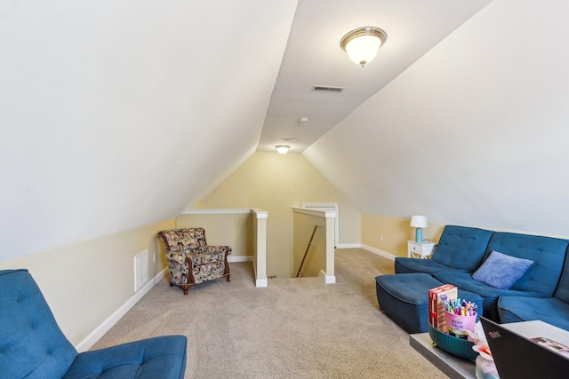 living area featuring light colored carpet and lofted ceiling