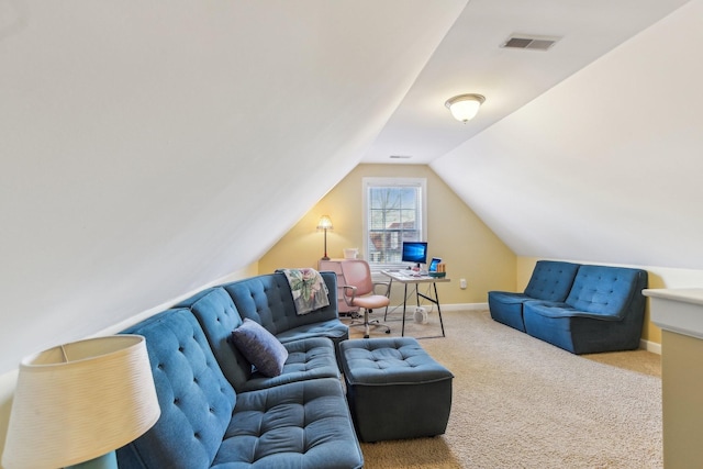 carpeted living room featuring vaulted ceiling