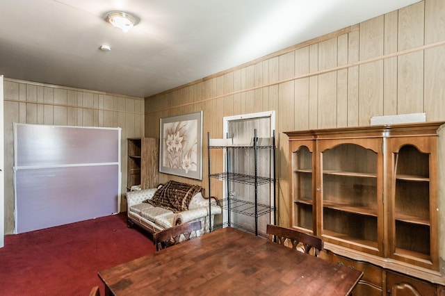 unfurnished room with dark colored carpet and wooden walls