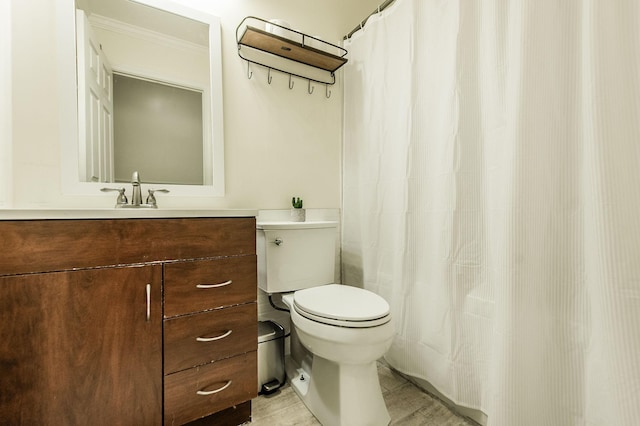 bathroom with toilet, vanity, and crown molding