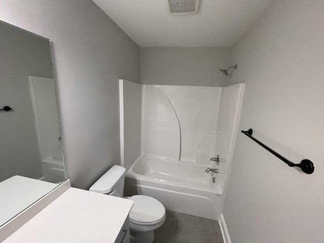 full bathroom with vanity, shower / tub combination, tile patterned floors, and toilet