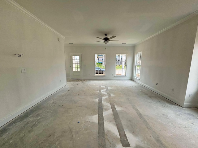 interior space featuring ceiling fan and crown molding