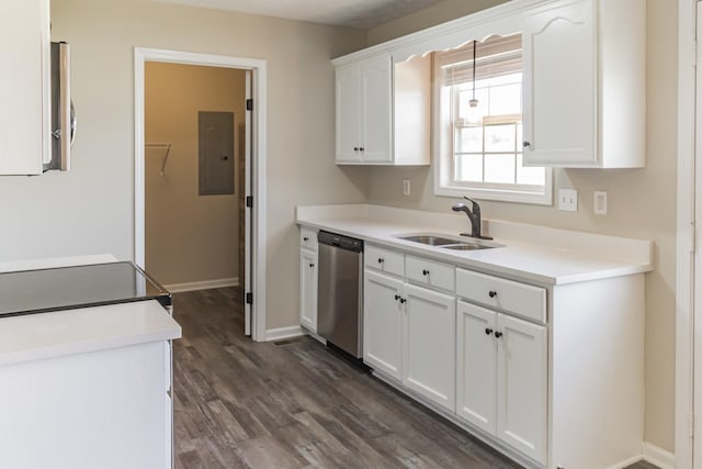 kitchen with sink, white cabinets, electric panel, stainless steel dishwasher, and dark hardwood / wood-style floors