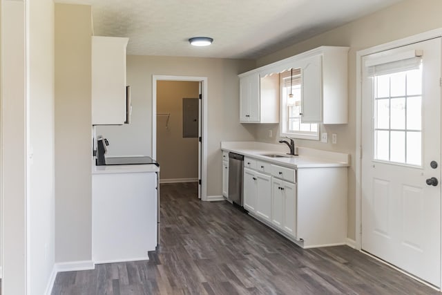 kitchen with sink, white cabinetry, dishwasher, and dark hardwood / wood-style floors