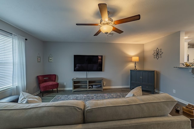 living room with ceiling fan and wood-type flooring