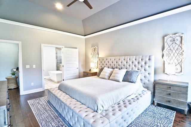 bedroom with ceiling fan, ensuite bathroom, and dark hardwood / wood-style floors