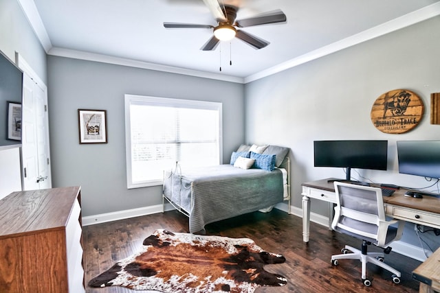 bedroom featuring ceiling fan, dark wood-type flooring, and ornamental molding