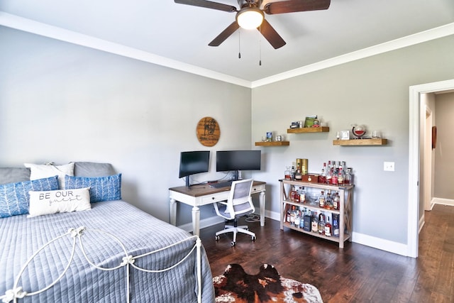 bedroom with ceiling fan, dark hardwood / wood-style flooring, and crown molding