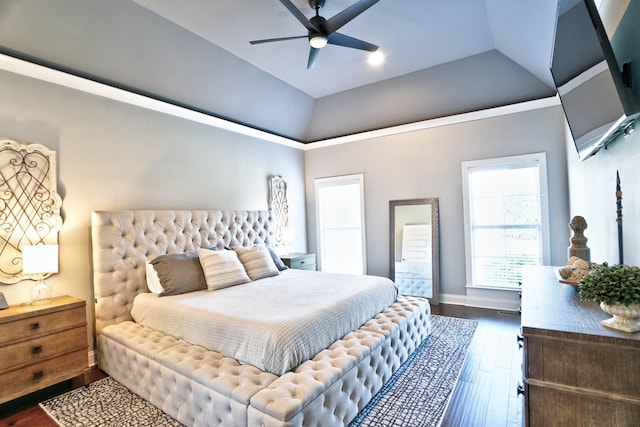 bedroom with dark hardwood / wood-style flooring, ceiling fan, multiple windows, and a tray ceiling