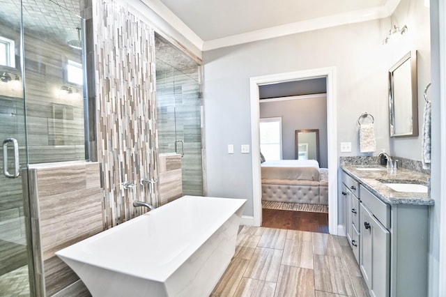 bathroom featuring ornamental molding, plus walk in shower, and vanity